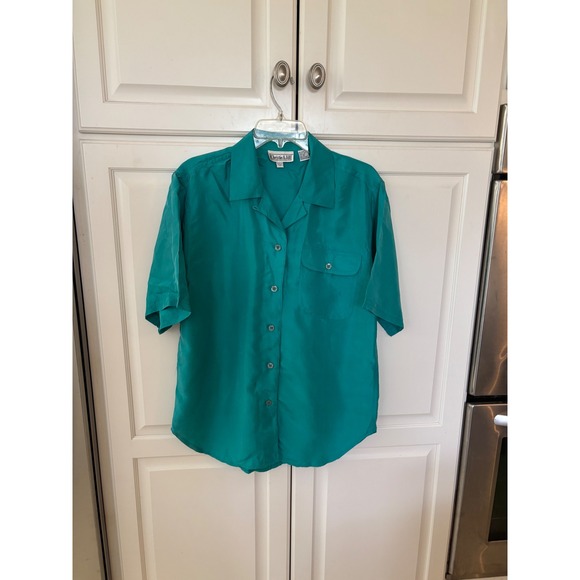 christie & jill Tops - Christie & Jill Vintage 100% Silk Short Sleeve Blouse Teal Green Button Down M